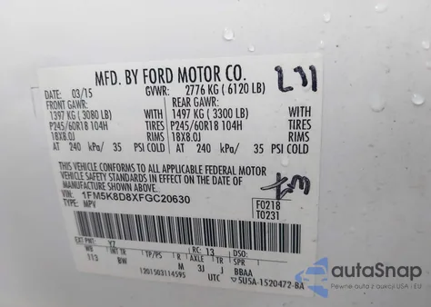 2015 Ford Explorer Xlt z USA, uszkodzony, nr VIN 1FM5K8D8XFGC20630